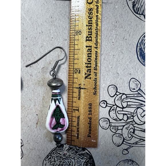 VTG 90s 925 Silver Hand Painted Fish Tribal Drop Earrings Fertility Luck Protect - Picture 6 of 9